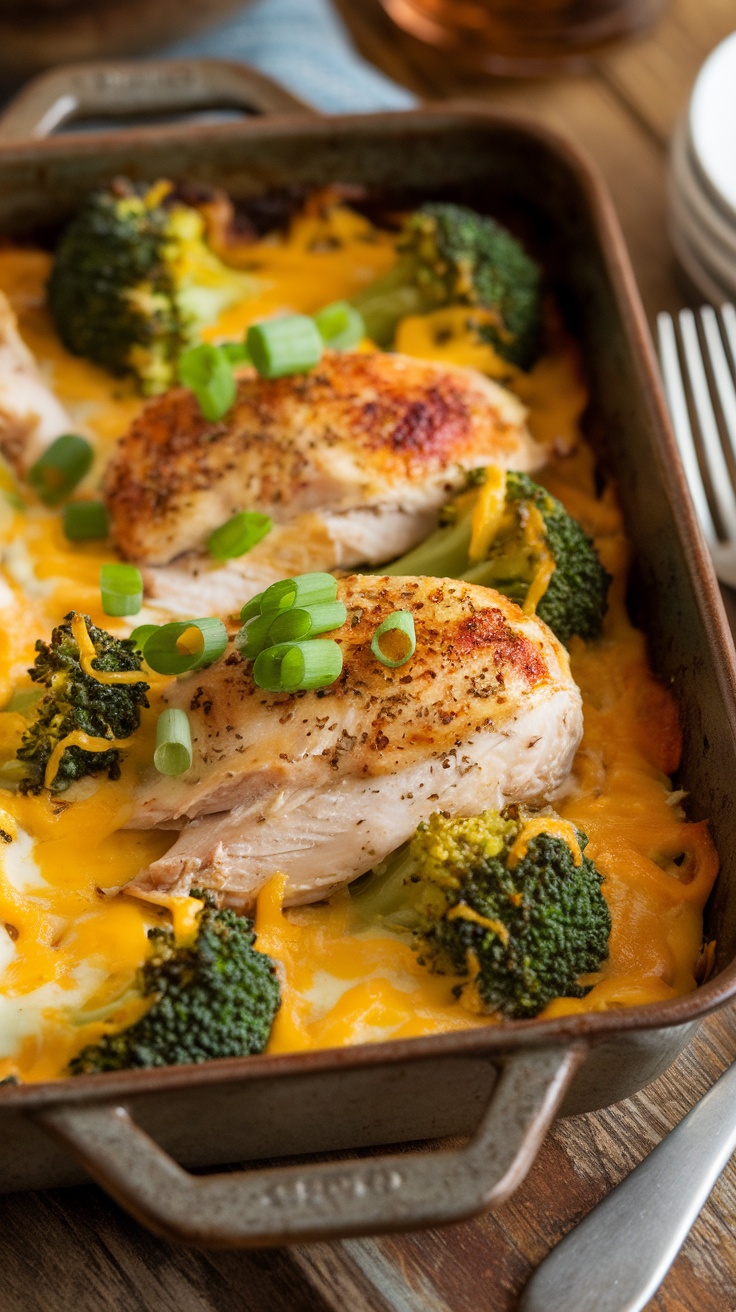 Keto rotisserie chicken casserole with broccoli and melted cheese in a baking dish on a wooden table.
